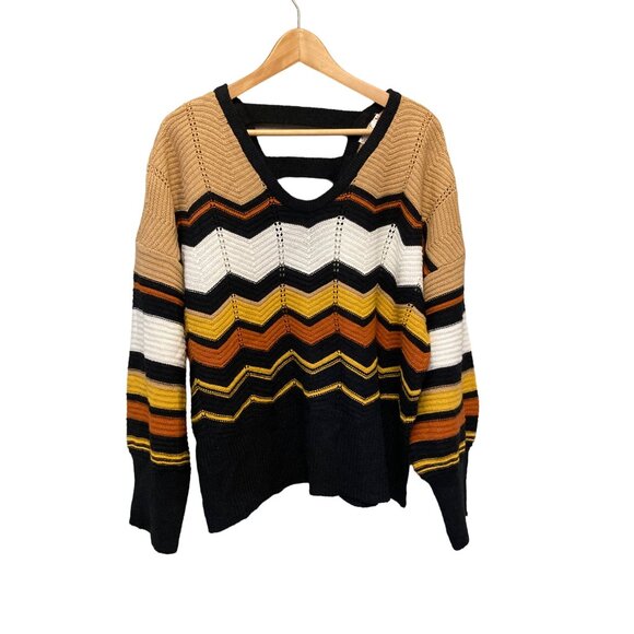 FCT With Love Size 3X Womens Black & Tan V-Neck Striped Sweater #F-5-37-025 - Picture 1 of 8